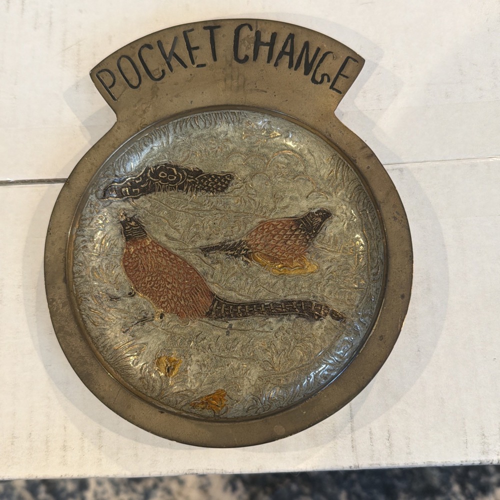 vintage brass "Pocket Change" trinket dish Valet Tray Enameled Peasants Birds